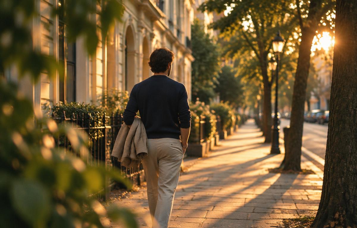 Persona caminando con calma por una calle arbolada al atardecer
