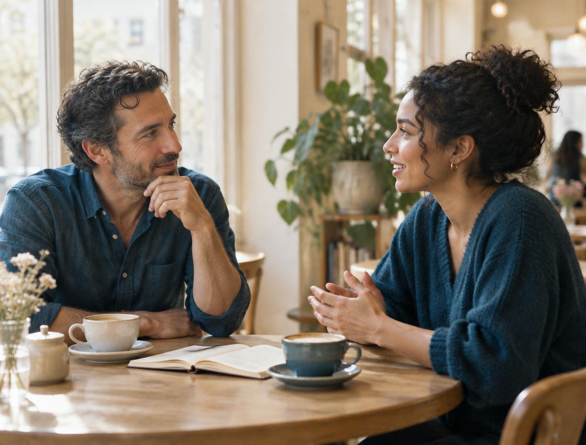 Dos personas adultas conversando con calma en una mesa junto a una ventana
